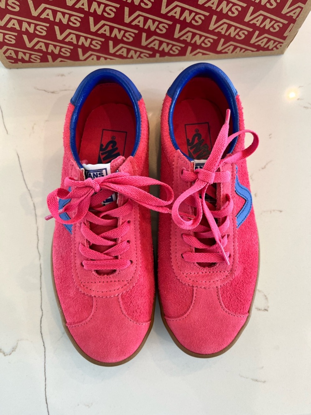 Vans Women's Bright Pink Suede Sneakers with Blue Trim